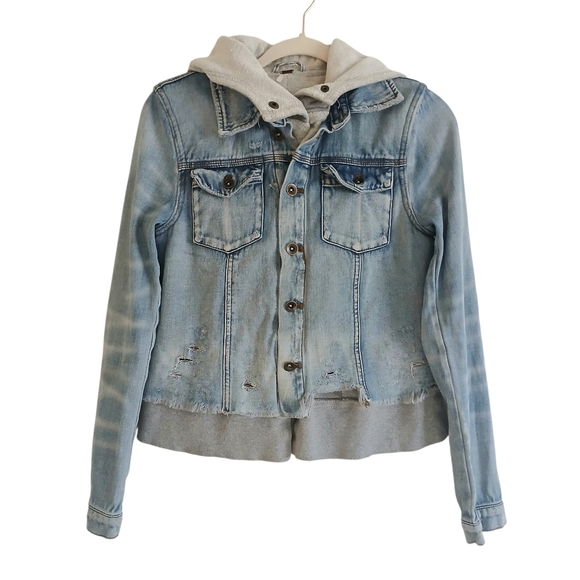 Free People Double Weave Distressed Denim Sweatshirt Jacket Women's S Thrashed - Picture 3 of 8